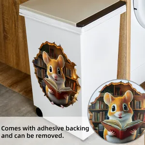 3D cartoon mouse reading sticker on a white bin with detailed print quality close-up