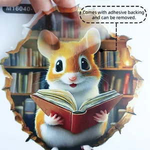 Detail of self-adhesive cartoon hamster wall sticker with a creative bookshelf 3D effect