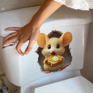 3D cartoon mouse with toast decal applied to a white ceramic toilet tank surface