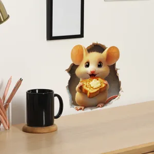 3D cartoon mouse with toast wall sticker popping out from a realistic wall hole decoration