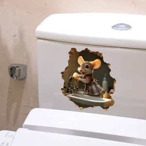 3D cartoon mouse washing dishes wall sticker on white toilet tank background