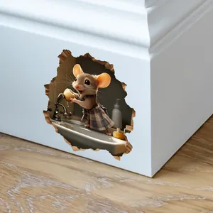 3D wall sticker featuring a cute cartoon mouse washing hands on a skirting board detail