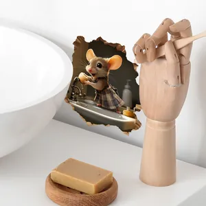 3D hole-in-wall sticker with cartoon mouse washing hands for bathroom decor