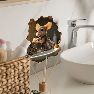 3D cartoon mouse wall sticker showing a mouse washing hands on a creative wall hole decal