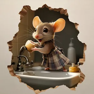 3D wall sticker featuring a cartoon mouse washing a cup inside a realistic wall crack