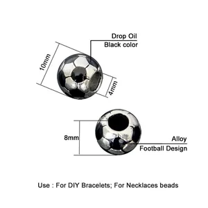 10mm silver alloy football charm bead with black enamel for DIY jewelry making