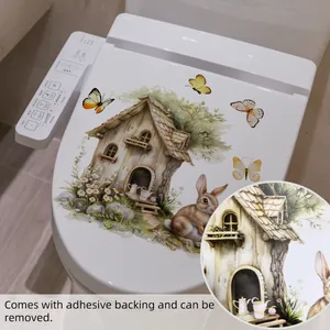 Détails d'autocollants WC de Pâques lapin et cabane avec fleurs et papillons aquarelle