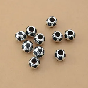 Set of 10 silver and black soccer ball charm beads for DIY bracelet and jewelry making