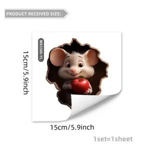 3D cartoon mouse with apple wall sticker detail, size 15x15cm, easy peel-and-stick decor