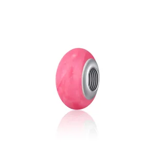 Pink marble resin charm bead with silver threaded metal core for DIY bracelet making