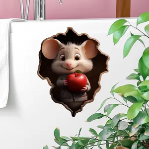 Detail of 3D mouse wall sticker with creative hole effect and cute mouse holding a red apple