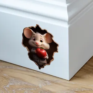 3D wall sticker featuring a cute mouse holding an apple emerging from a wall hole