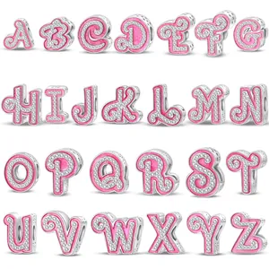 Pink Enamel Alloy Alphabet Letter A-Z Charms Rhinestone Initial Loose Beads For DIY Jewelry Making Bracelet Necklace