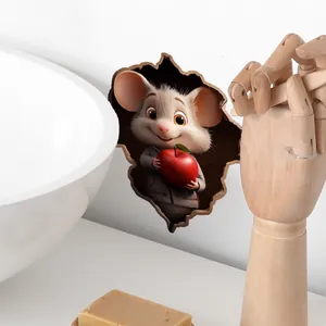 3D cartoon mouse with red apple wall sticker creating a broken wall effect for kids room