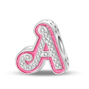 Pink glitter enamel letter A charm bead with sparkling zircon inlay in silver alloy