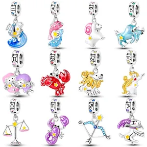 Alloy Enamel 12 Zodiac Constellation Charm Beads For DIY Bracelet Necklace Colorful Star Dangle Charm Jewelry Making Women Gift