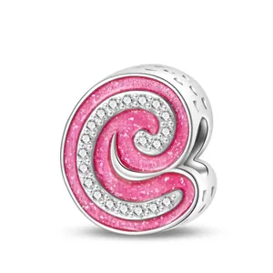 Pink glitter enamel letter charm with sparkling white cubic zirconia in S925 sterling silver