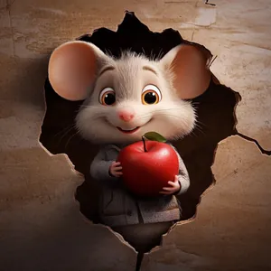 3D cartoon mouse peeking from hole holding a large red apple wall sticker detail