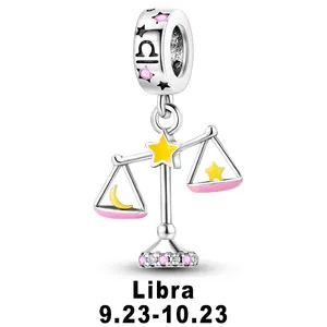 Silver Libra zodiac charm pendant with yellow moon and stars for DIY charm bracelets