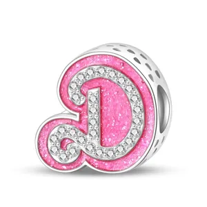 Pink glitter enamel letter D charm with cubic zirconia stones for DIY jewelry bracelets