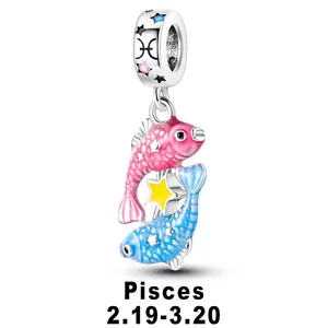 Pisces constellation charm bead in silver with colorful enamel fish and star detail