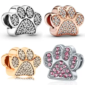 Alloy Zircon Animal Paw Print Charm Bead For DIY Jewelry Making Cute Dog Cat Footprint Large Hole Pave Spacer Beads Women Gift