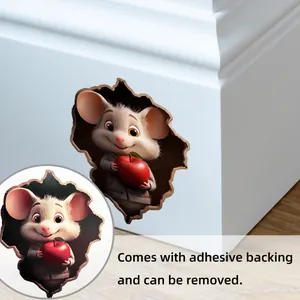Detailed 3D wall sticker showing a cute cartoon mouse holding a red apple coming out of a hole
