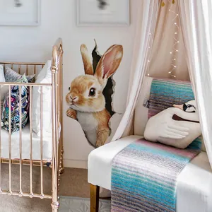 Detailed 3D wall sticker showing a realistic brown rabbit emerging from a cracked wall