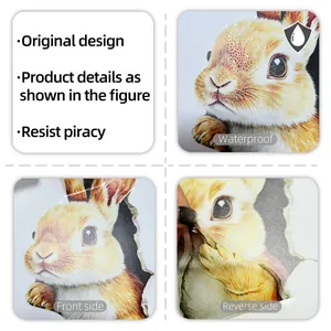 Waterproof cartoon rabbit wall sticker showing front, reverse, and detailed texture views
