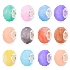 DIY Colorful Gradient Resin Large Hole Beads With Alloy Core Marble Texture Round Barrel Loose Beads For Bracelet Jewelry Making