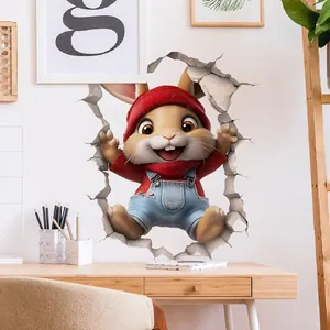 Sticker mural 3D lapin de dessin animé avec chapeau rouge pour déco de salle de bain