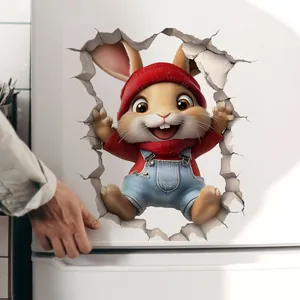 Sticker lapin de Pâques effet 3D détaillé montrant un effet de mur déchiré sur surface blanche