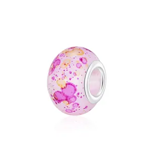 Pink ink painting style glass charm bead with silver core for DIY jewelry bracelets