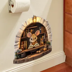 Detailed 3D wall sticker featuring a small mouse reading in a cozy arched library scene