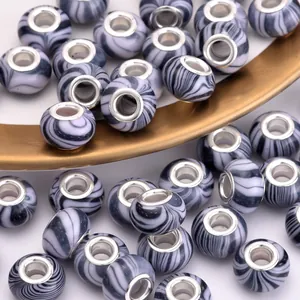 Polished black and white marble resin large hole beads for DIY jewelry making