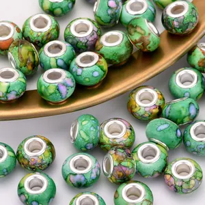 14mm green marble resin European beads with metal core for DIY bracelets
