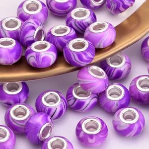 Purple marble pattern resin beads with silver large-hole core for DIY jewelry making