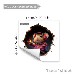 Detailed dimension guide for 3D mouse wall sticker showing 15cm size with 3D hole effect