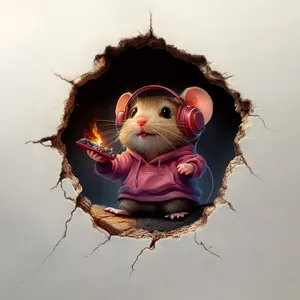 Detailed 3D effect wall sticker showing a cute mouse with headphones in a wall hole
