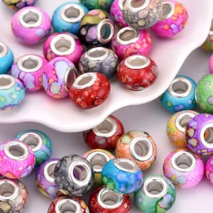 Resin Marble Pattern Large Hole Beads With Alloy Core DIY European Style Beads For Bracelet Necklace Jewelry Making Craft Women Gift
