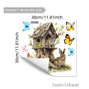 Détail de l'autocollant mural de Pâques avec lapin, fleurs, nichoir et papillons colorés