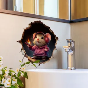 3D wall sticker of a cartoon mouse with headphones and pink hoodie in a bathroom