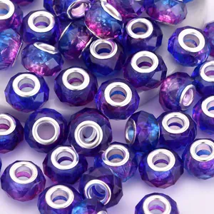 Blue and purple gradient faceted glass beads with silver metal core for DIY bracelets