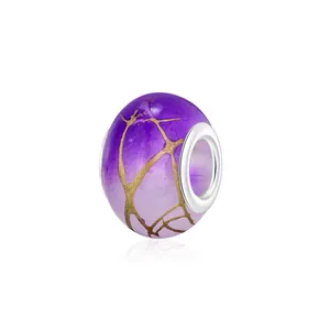 Polished purple gradient resin beads with gold crackle effect and large metal hole