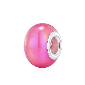 Pink iridescent resin large hole bead with silver metal core for DIY charm bracelets