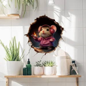 3D cartoon mouse with red headphones wall sticker on tile background above wooden shelf