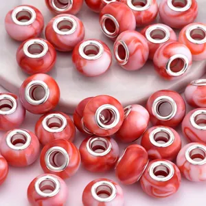 Pandora style resin charms with red marble texture and silver metal core for DIY bracelets