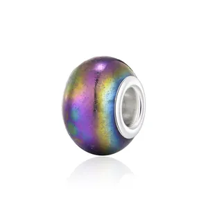 Iridescent resin large hole bead with silver metallic core for DIY charm bracelets