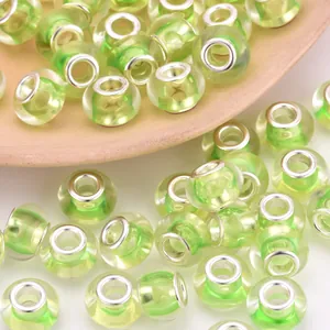 Cuentas de acrílico verde claro con agujero grande y núcleo plateado para joyas DIY