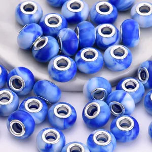 Blue and white resin cloud large hole beads with silver metal core for DIY bracelets
